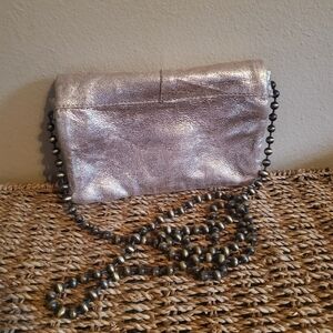 FREE PEOPLE Metallic Rose Gold Leather Flap Close Bead Strap Crossbody Clutch